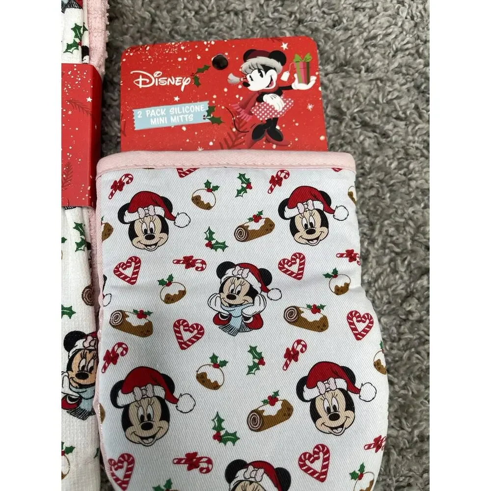 Disney Minnie Mouse Santa Hat Candy Cane Hearts Silicone Oven Mitts Towels Set